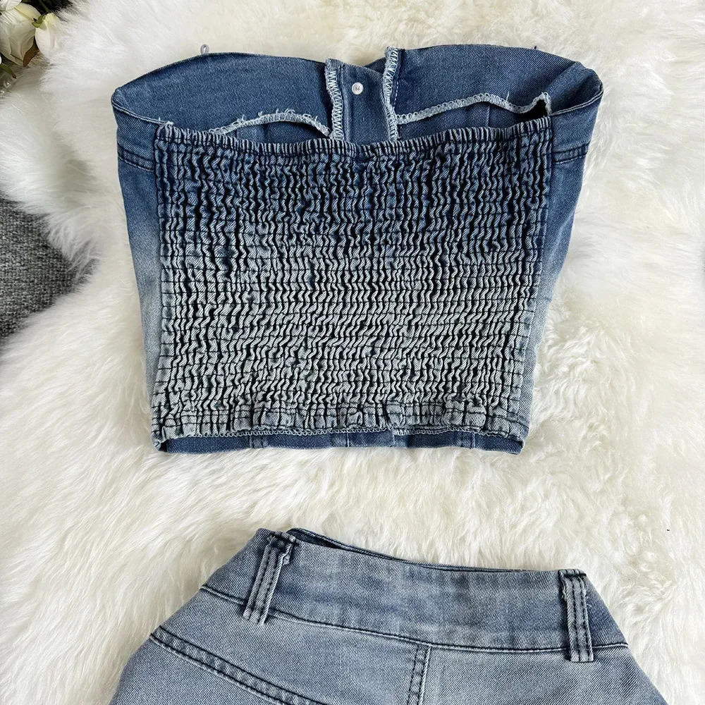 Women Denim Vest Skirt Crop Top Stets Two Pieces Sleeveless Denim Strapless Tops Slim Fit Sexy Sheath High Street Skirts Holes 250411
