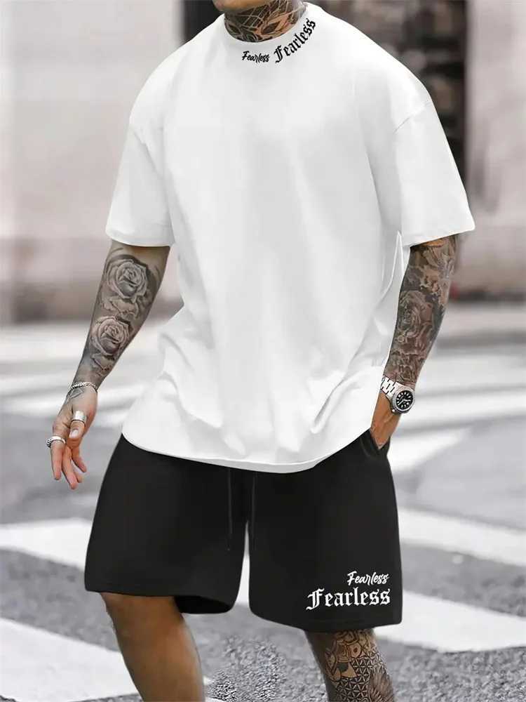2024 new summer solid color letter printing set casual sportswear mens short sleeved T-shirt street hip-hop two-piece setXJ250412