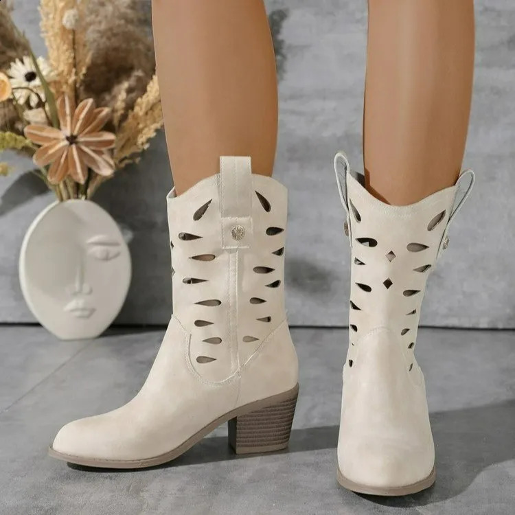 Womens Ankle Boots Hollow Heels Western Boots Winter Shoes Trend Party Dress Chunky Womens Boots Chelsea 250411