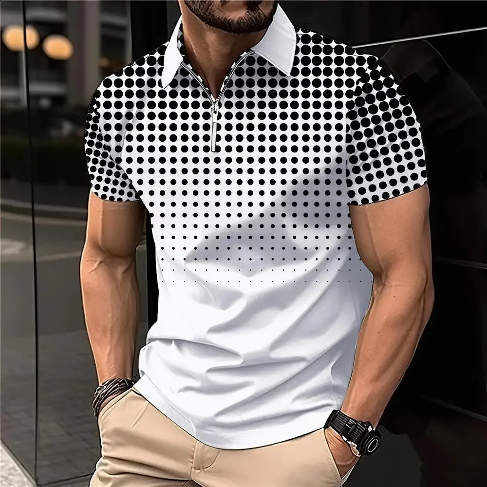 summer mens T-shirt short sleeves lapel letters printed buttons striped polo tee fashionable zipper top 250411