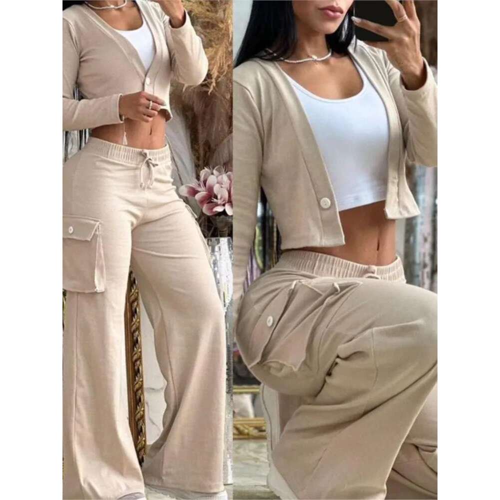 Women's Spring Summer New Fashionable Solid Color Printed Sexy Waist Short Top Casual Pants Set For Women