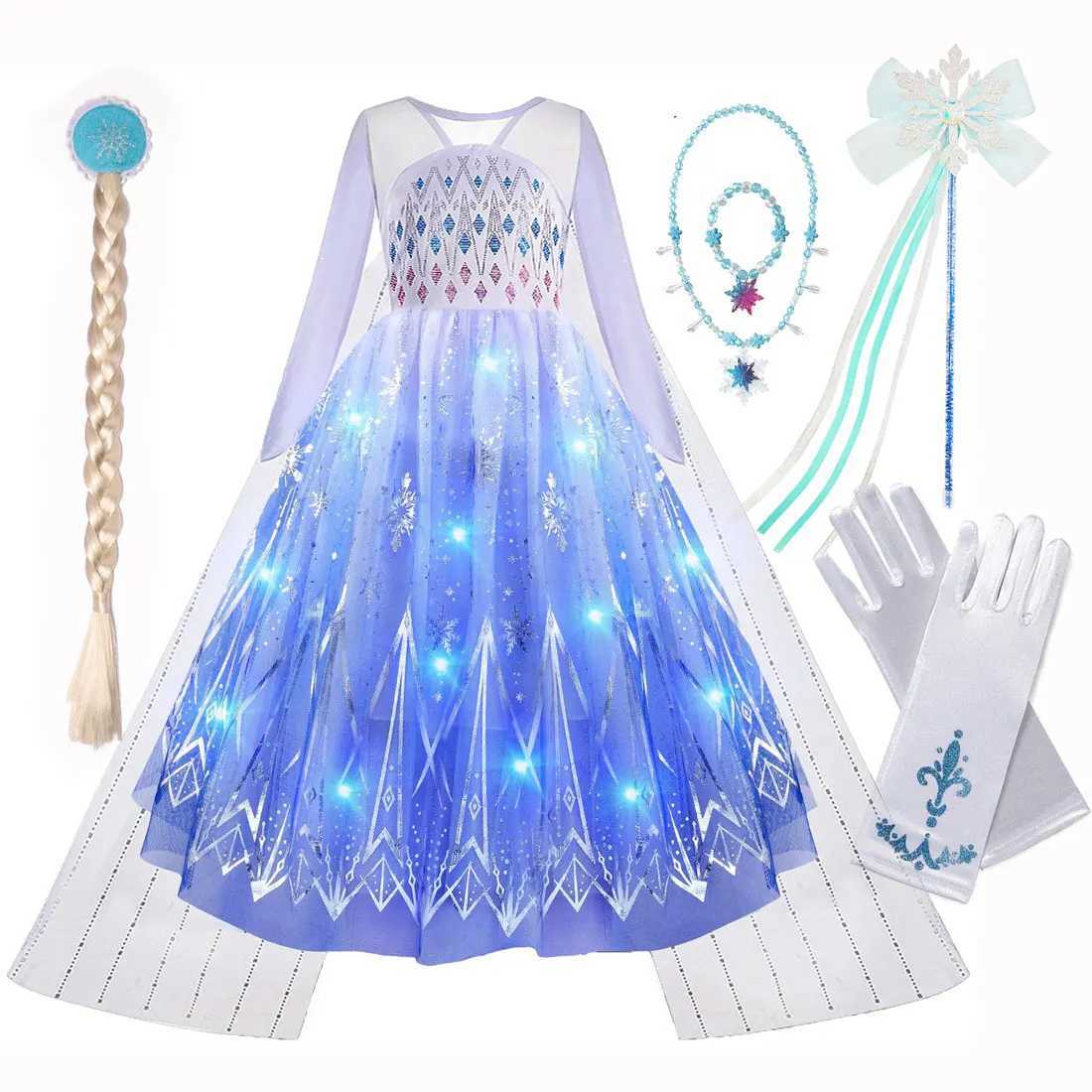 Disney 2024 Halloween Carnival Frozen Little Girl Princess Classic Costume Fantasy Role Playing White Dress Elsa LED Strip CostumeXJ250411