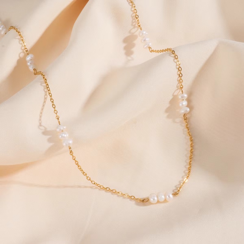 Designer Jewellery Stainless Steel Natural Freshwater Pearl Thin Clavicle Choker Necklace for Special Occasions Gift Textured Elegant Accessory