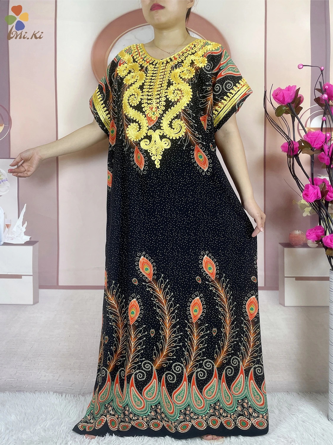 High quality African Abaya womens party dress cotton y printed loose floral fabric Maxi Islamic short sleeved clothing 250411