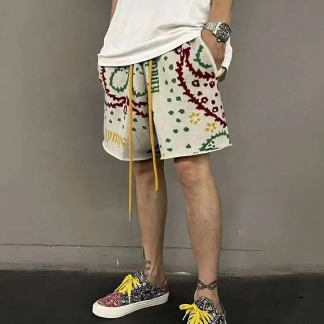 Cashew wer Knitted Men Women Drawstring Loose Five Quarter Pant Summer American Vintage High Street Casual Shorts