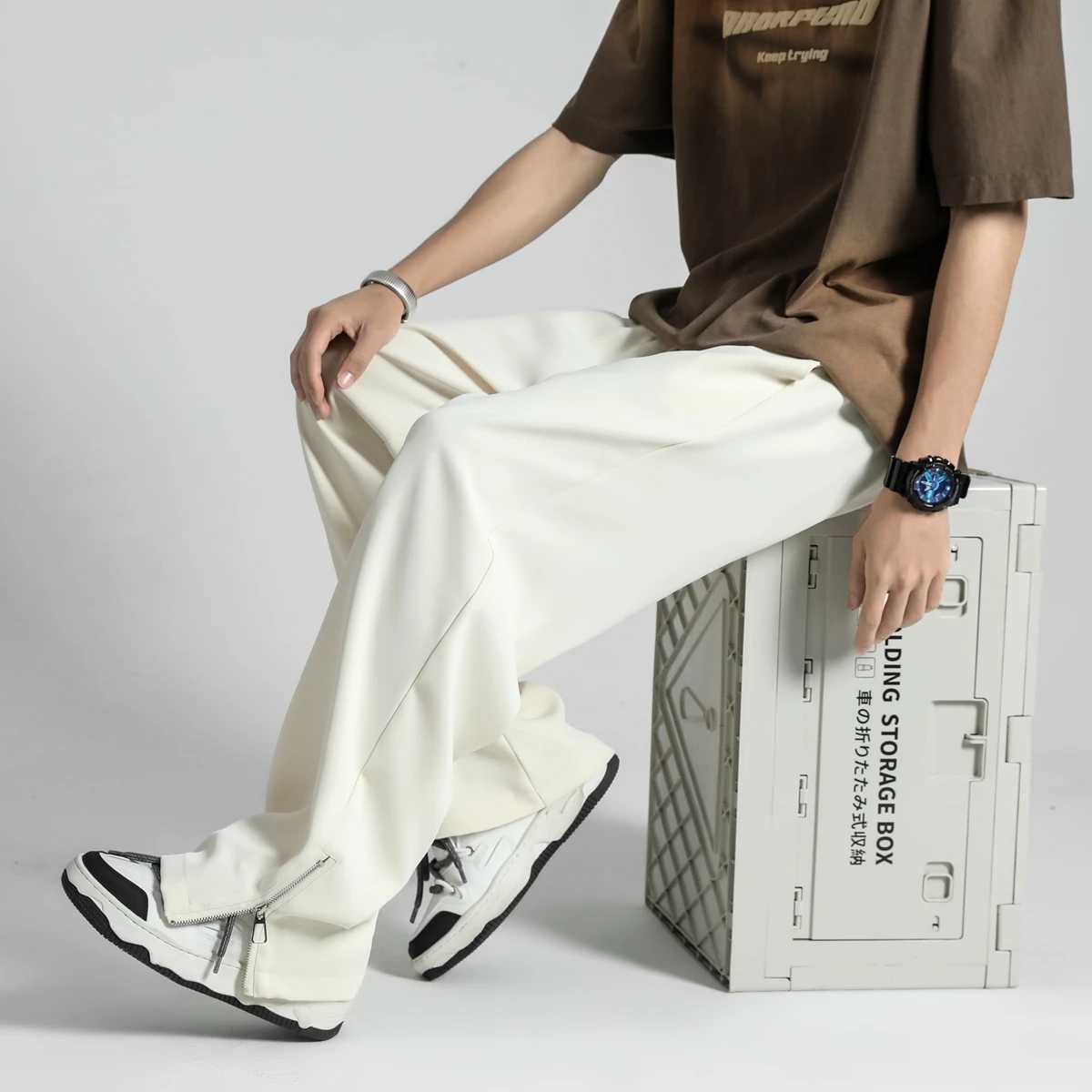 2024 summer new lightweight Korean mens casual suit pants straight loose sports pants soft split zipper design luggage Trouser W250411