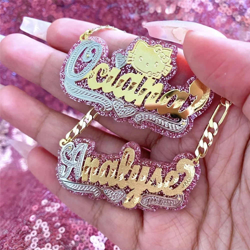 Double layered name necklace two tone custom letters cartoon character pendant hiphop womens used for gifts 250410