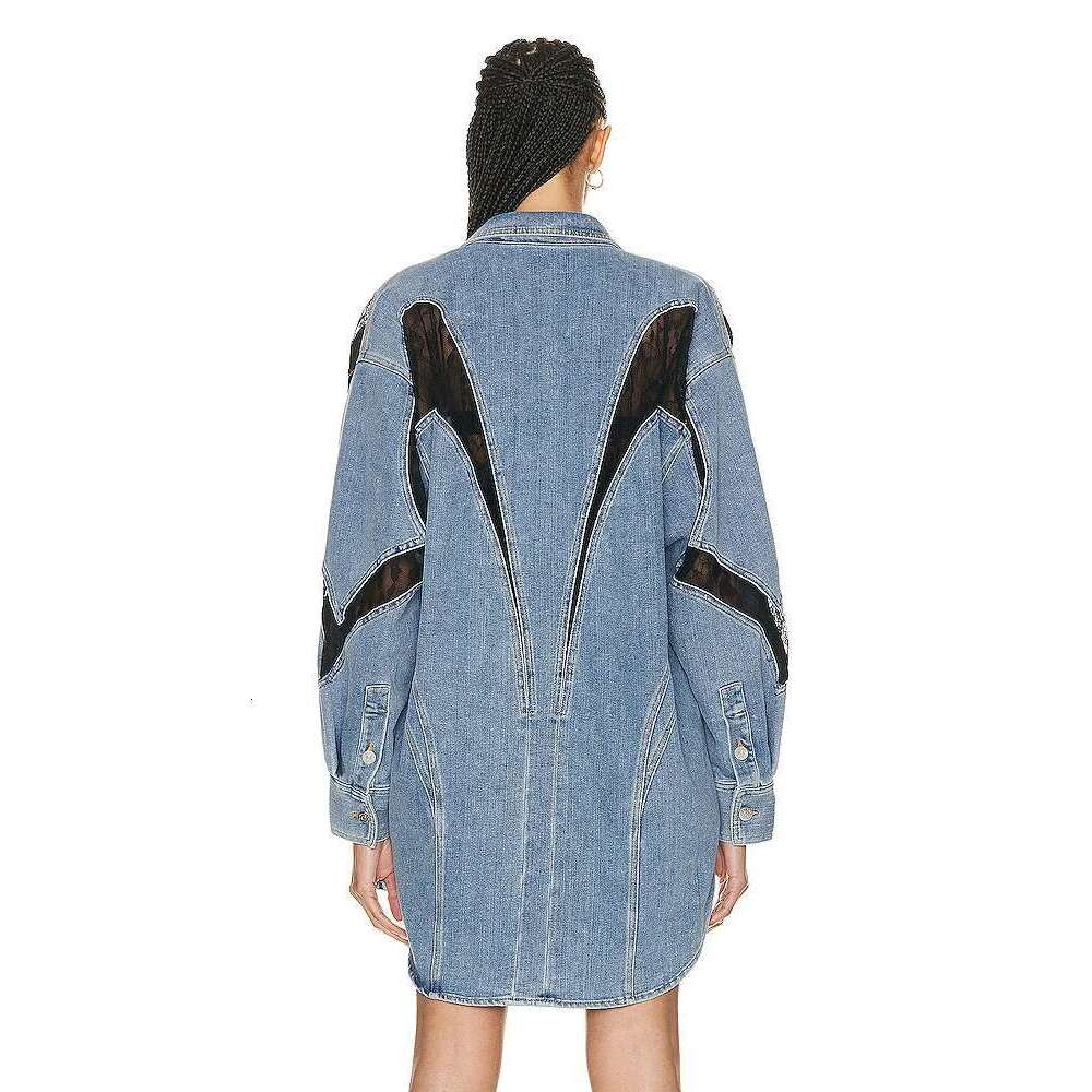 Streetwear Oversized Denim Long Shirt Coat For Women 2024 Autumn Spring Fashion Lapel Asymmetrical Lace Patchwork Casual Jackets