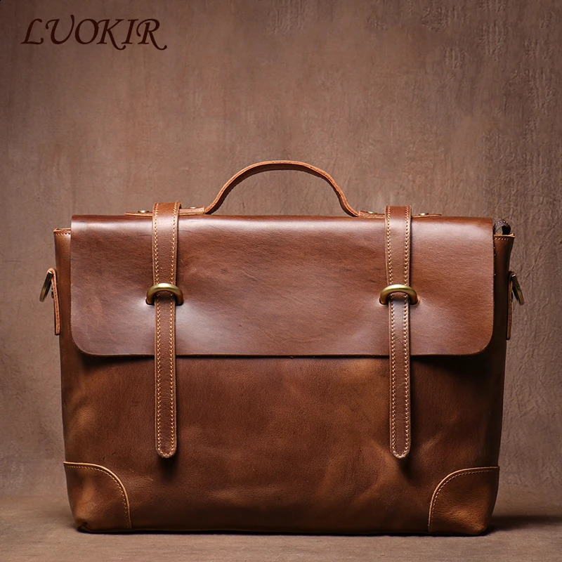 Genuine High Grade Retro Leather Briefcase Classic Mens Handbag Messenger Bag Office Computer Bags For 15 Inch Laptop 250407