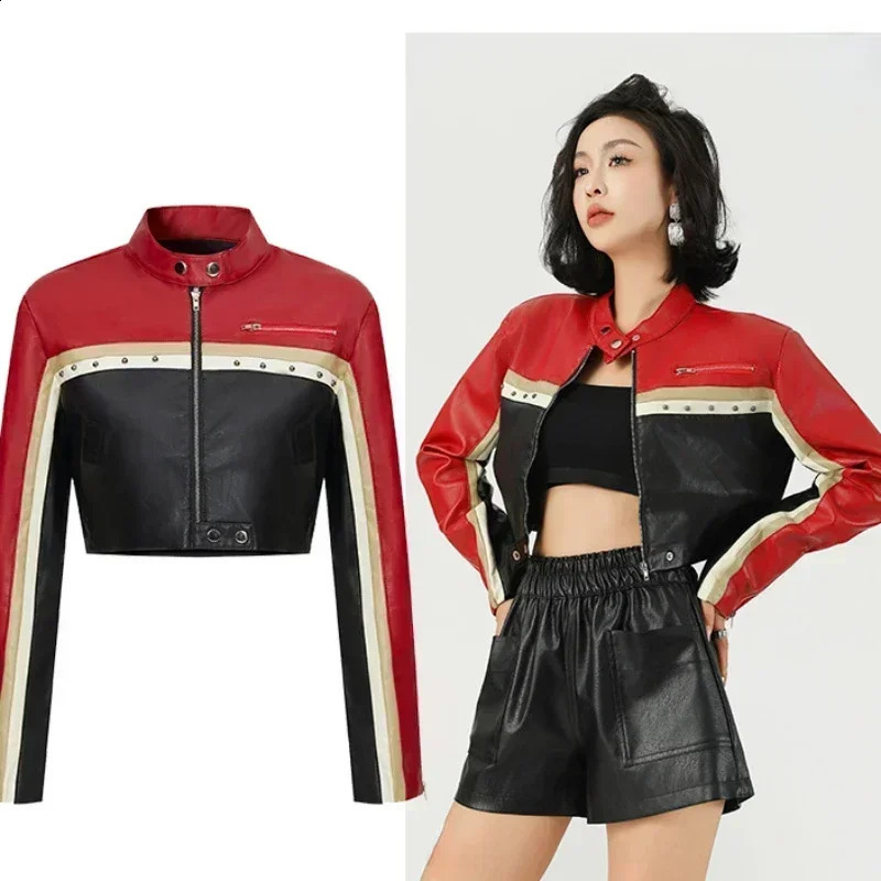 SpringAutumn Womens Fashion Punk Bike Core Color Block Zipper Stud Details Crop PU Leather Jacket Y2K Short Coat 250411