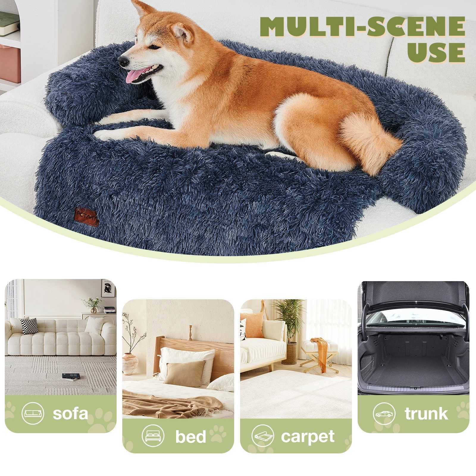 Dog sofa mattress with fluffy plush dog sofa bed equipped with a blanket and a detachable and washable pet protector suitable for medium and large dog