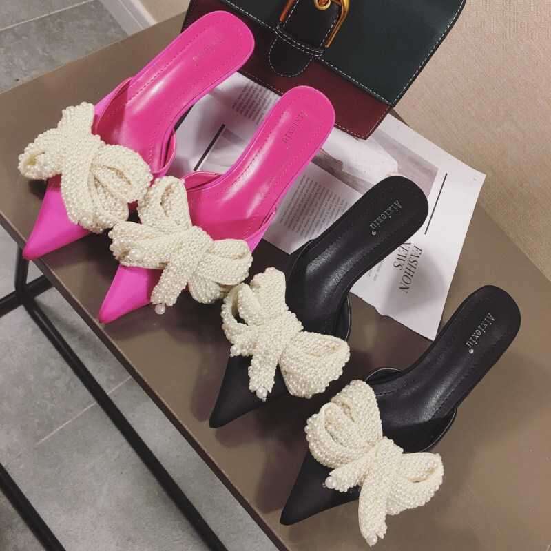 2023 Summer New Internet Celebrity Pearl Water Diamond Bow Thin Heel Cool Women's Shoes Versatile Baotou Half Dragging Slippers 40