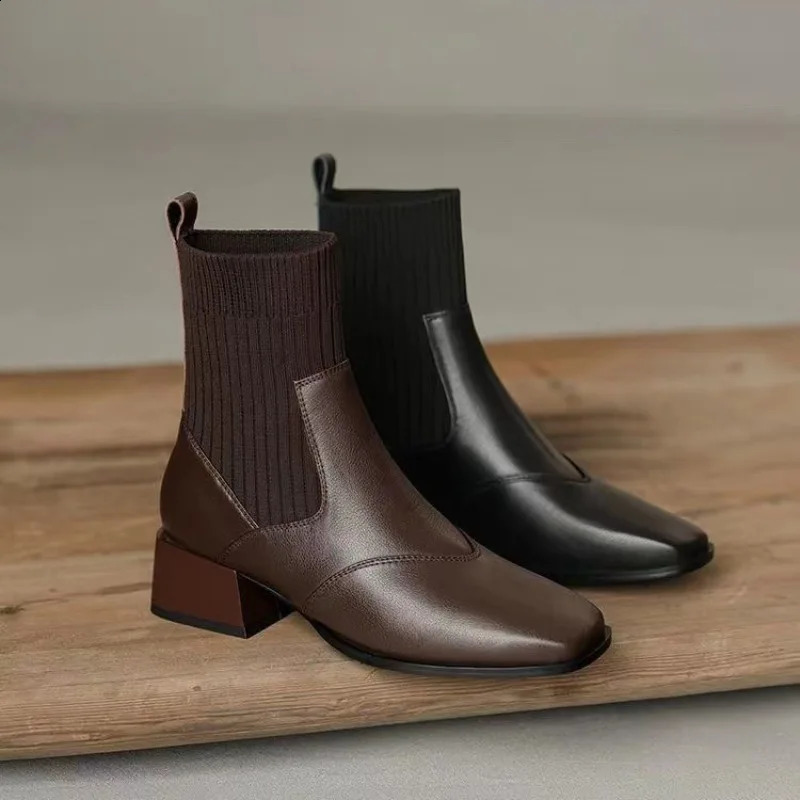 Women Sock Boots Square Toe Spring Autumn Women Casual Chelsea Botines Medium Heel Knitted Brown Black Ankle Boots for Women 250411