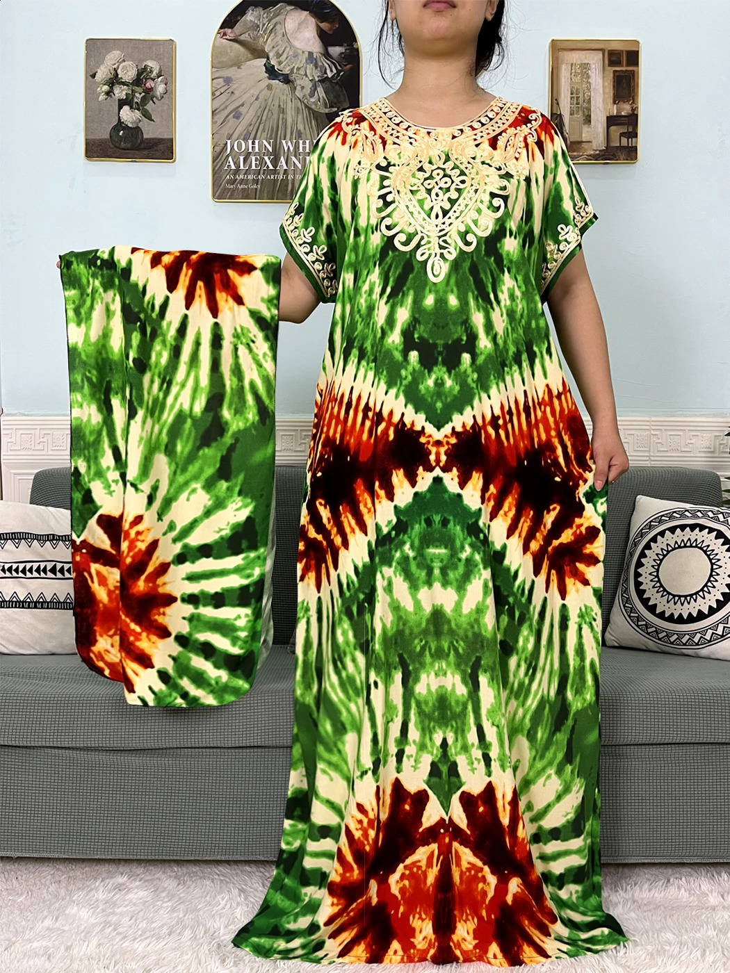 Muslim Cotton Abayas Womens Decal Printed Caftan Marocaine Robe Boubou African Islamic Dress 250411