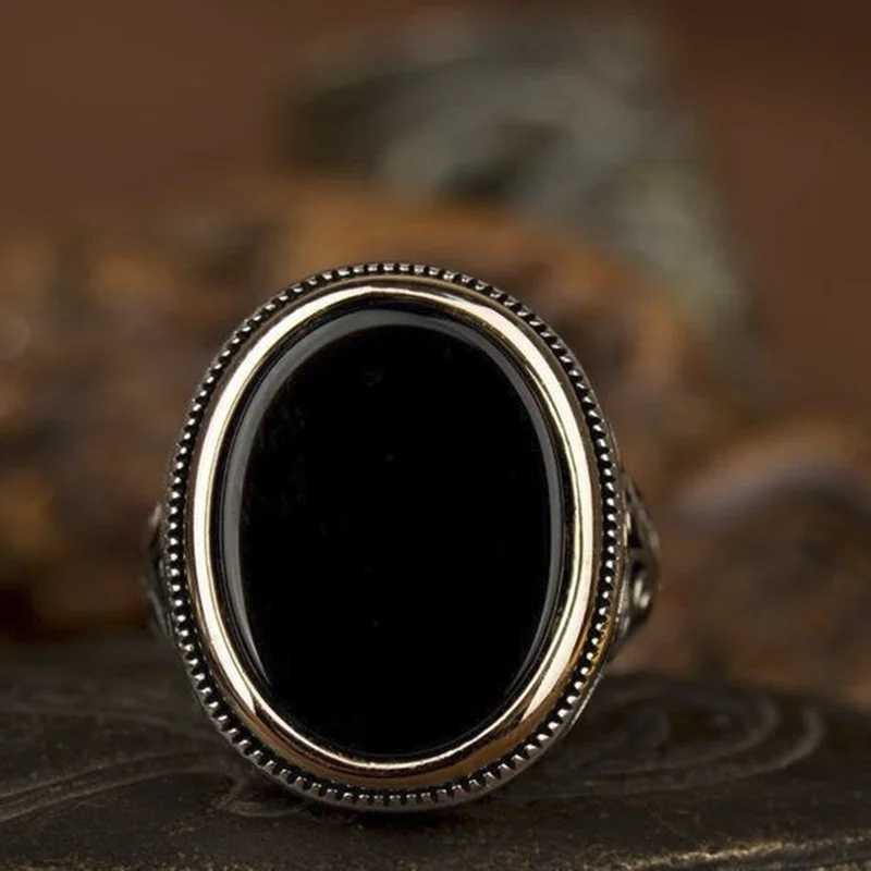 Punkboy Retro Style Mens Ring Craved Pattern Black Eggshell Crystal Silver Ring Mens Party Jewelry Size 6-13XJ250412