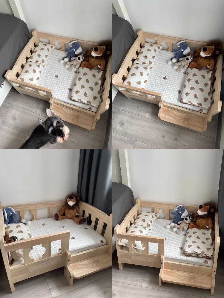 Solid wood pet bed wooden dog bed frame dog house furniture pet products bed frame elevated fence circular corner X250412