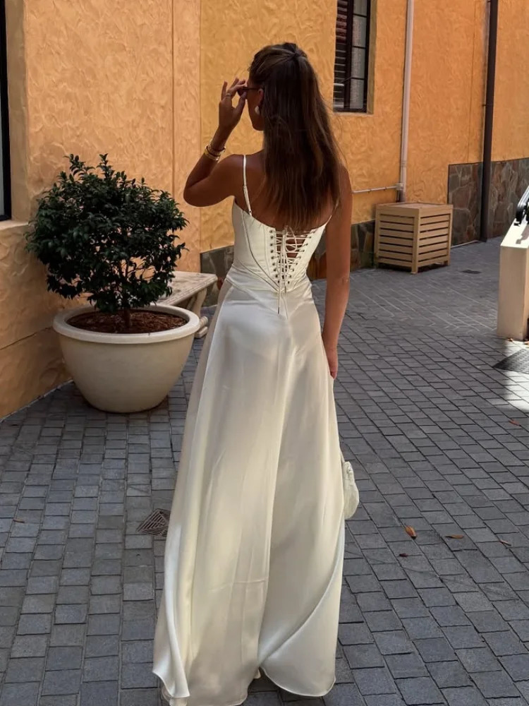 Elegant solid satin pleated camisole long dress for women sexy square collar sleeveless lace top dress fashionable womens party dress 250408