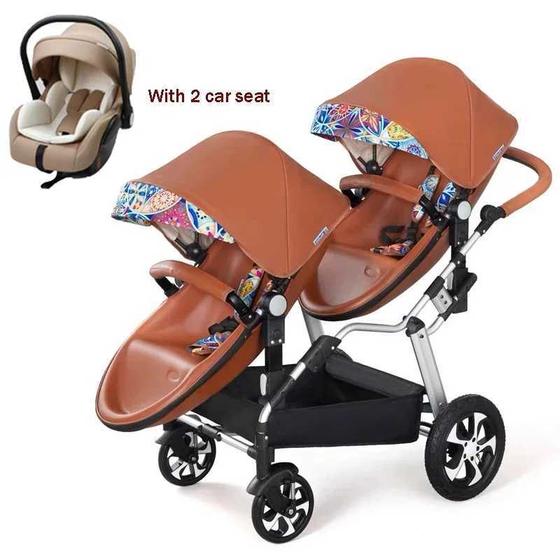 New luxury twin stroller 3-in-1 high landscape new PU leather twin stroller baby stroller twin stroller W250411