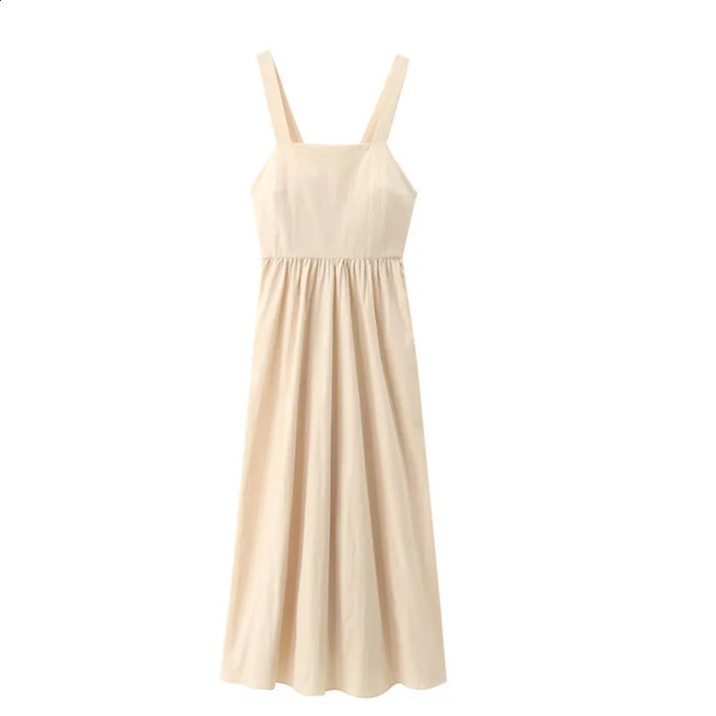 Wxw48 khaki backless Aline pleated dress for women sexy sleeveless spaghetti strap midi French style retro Camisol 250411