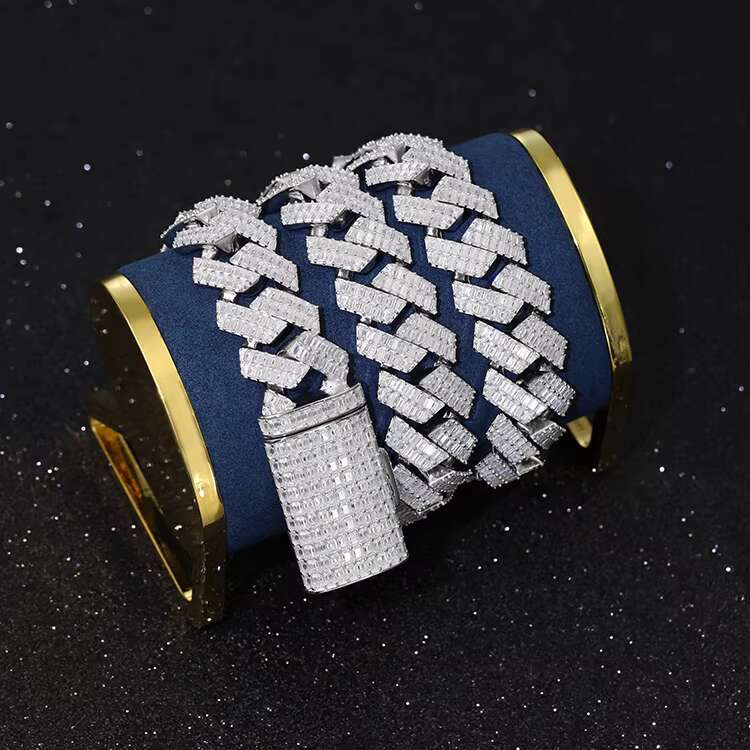 Yu Ying Gems Jewelry 20mm Wide Full baguette Moissanite Diamond Sterling 925 Silver Necklace Cuban Chain