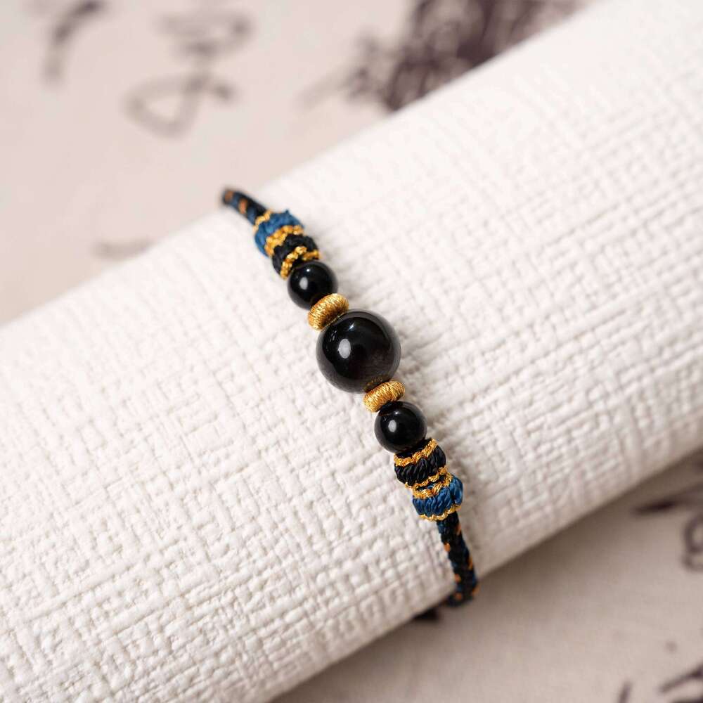 Volcanic Glass Cord Bracelet - Protective Obsidian Stone Adjustable Wrap for Grounding & Positive Vibes