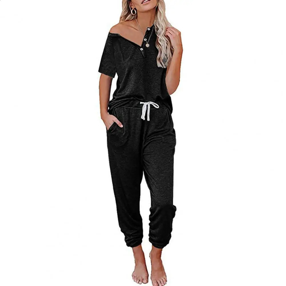 2 Pcs/Set Women Summer Tracksuit Buttons Short Sleeves Loose Elastic Waist Drawstring Sports Pullover Pockets V Neck T-shirt Tro 250411