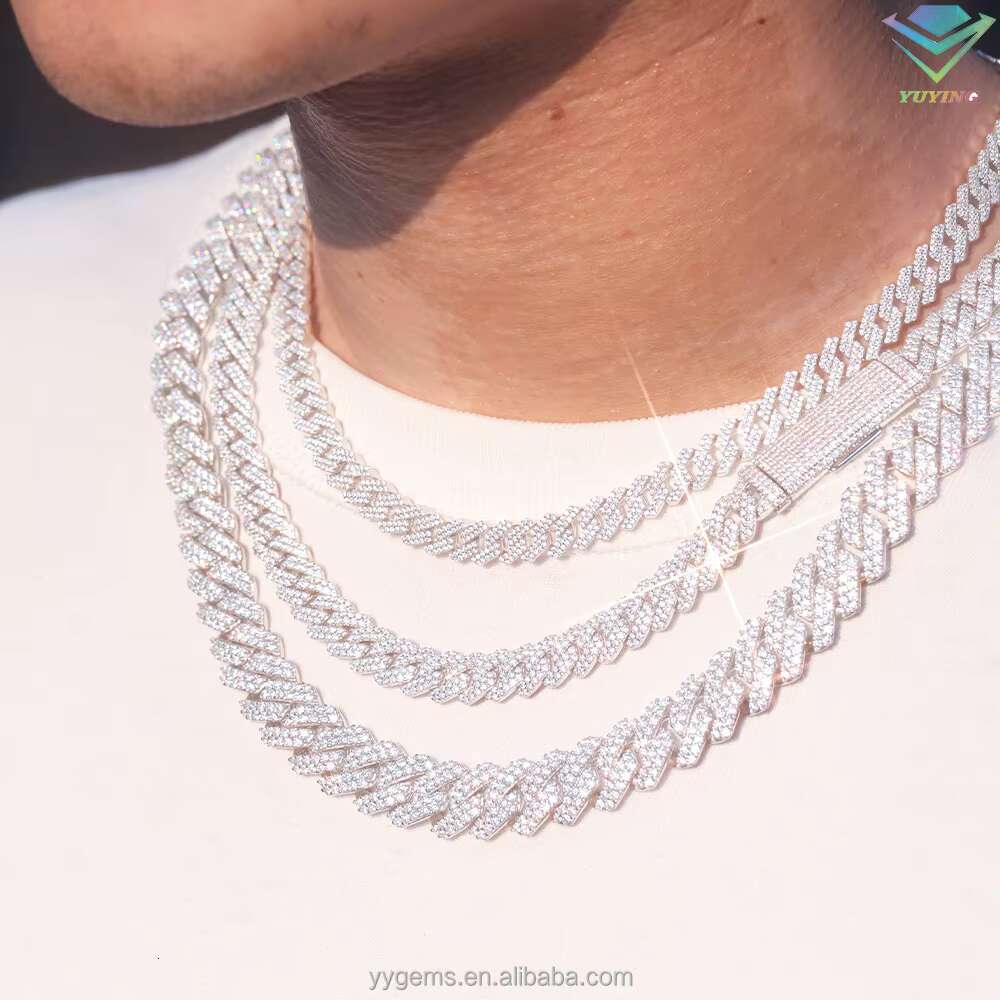 Yy New Design 12mm 2rows Iced Out Cuban Link Chian Vvs Moissanite Pass Diamond Tester 925 Silver Fine Jewelry Necklaces for Men