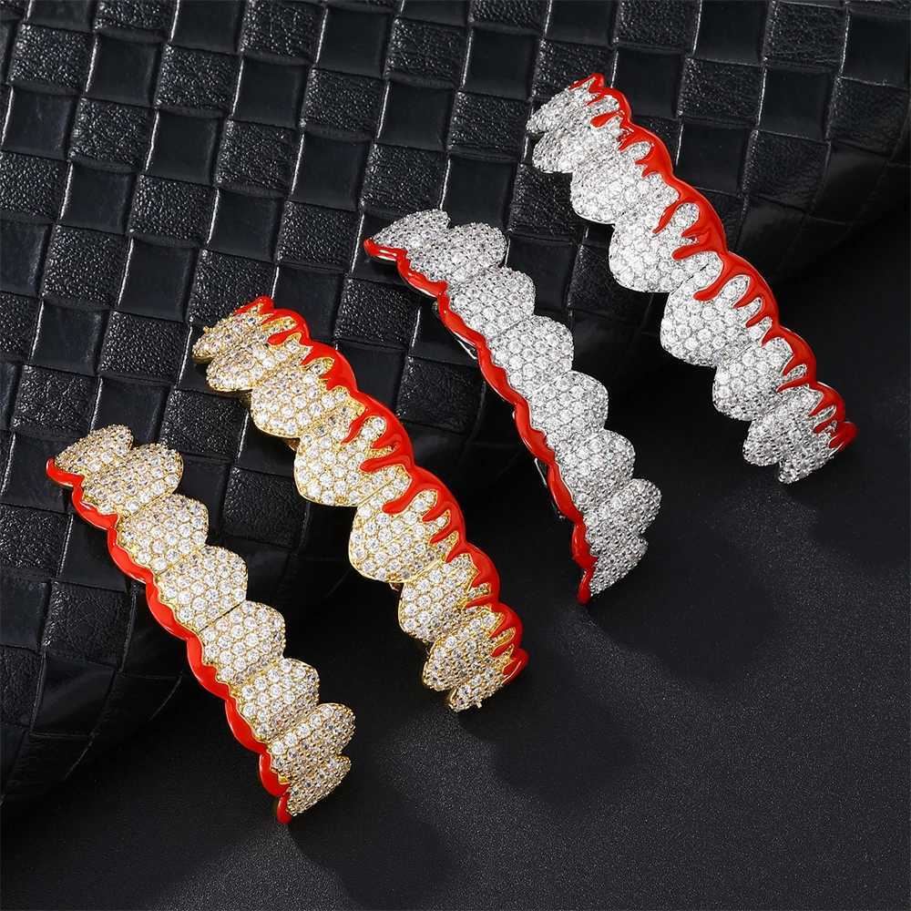 D Z Hip Pop Sparkling Cubic Zircon Blood Teeth Grilz Set for Neutral Top Bottom Oral Gold Silver Removable Dental Jewelry W250412