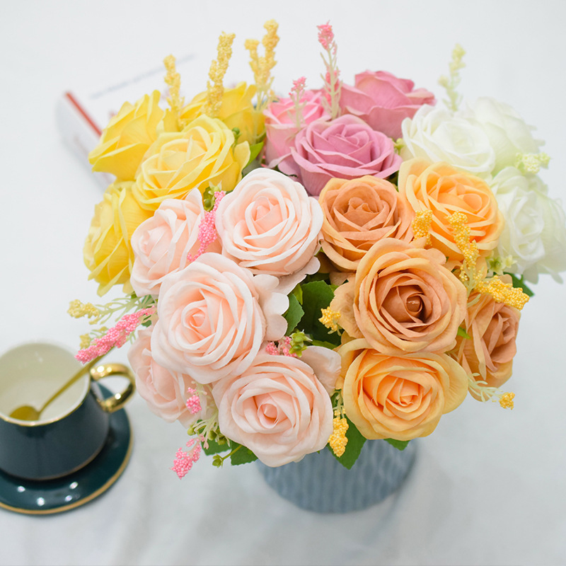 5 Heads Artificial Rose Bouquet Simulation Faux Flowers Wholesale for Table Centerpiece Home Wedding Party Table DIY Decor Floral Arrangement Vase Filler