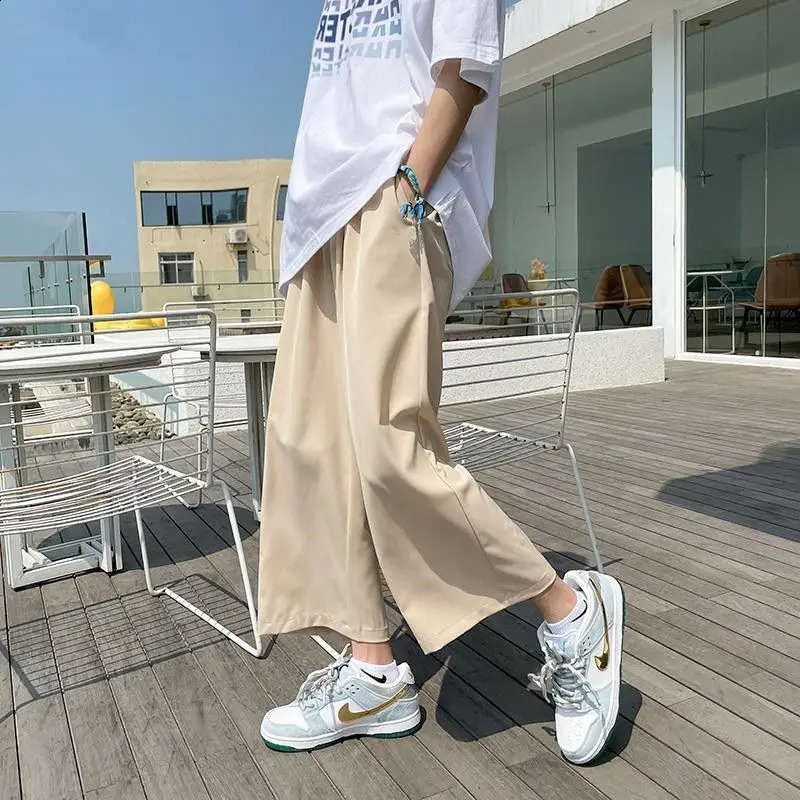 Summer Thin Ice Silk Mens Straight Loose Couple Casual Wide-leg Sports Nine-point Pants 250410