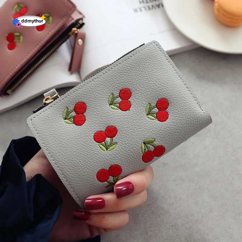 New Cherry Fruit Embroidery Women Purse Wallets Fashion Simple Students Small PU Leather Wallet Mini Card Holder Bags ddmythur