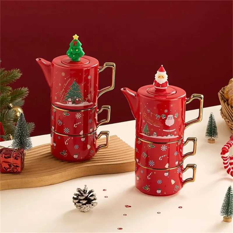 Christmas JUSTINLAU Christmas Coffee Cup Saucers Stackable Red Ceramics Teaware Sets Santa Claus Snowman Elk Teapot Teacup Xmas Gifts Y251112