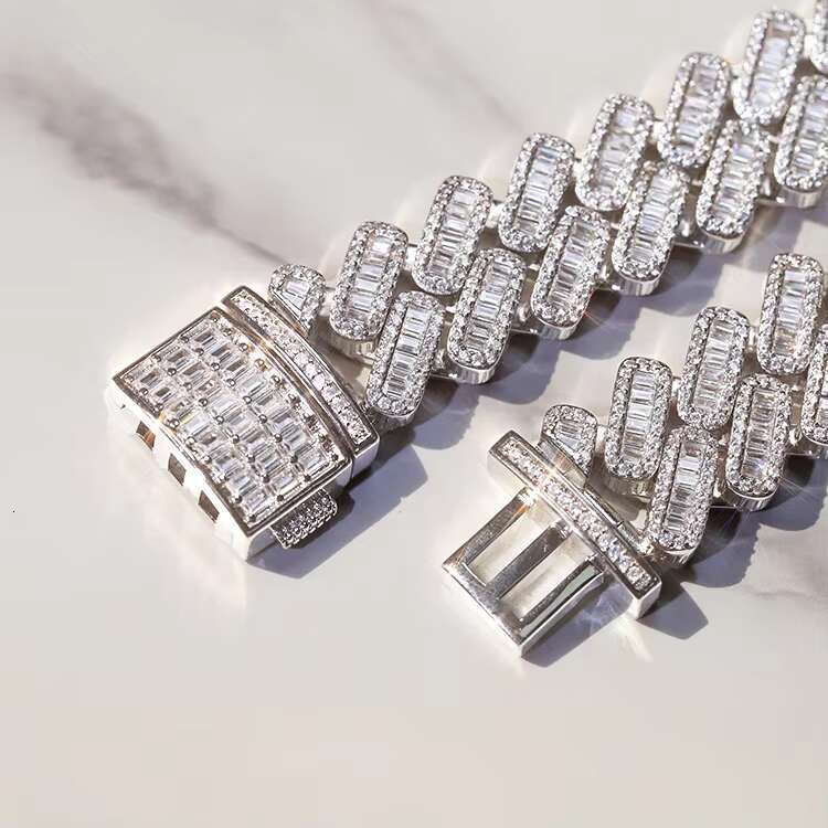Customization Miami 20mm Width S925 Plated 18k Gold Real Moissanite Fashion baguette Necklace Cuban Link Chain