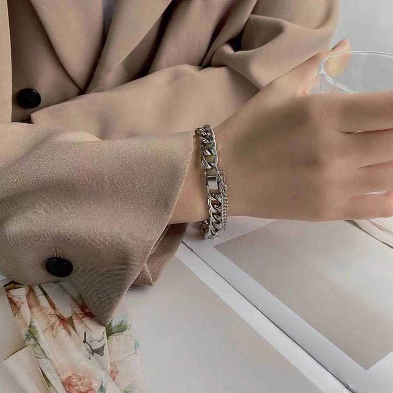 Kpop Stainless Steel Metal Chains Bracelets For Women Men Punk Sliver Cuban Link Chain Wristband Bracelet Classic Charms JewelryC250411