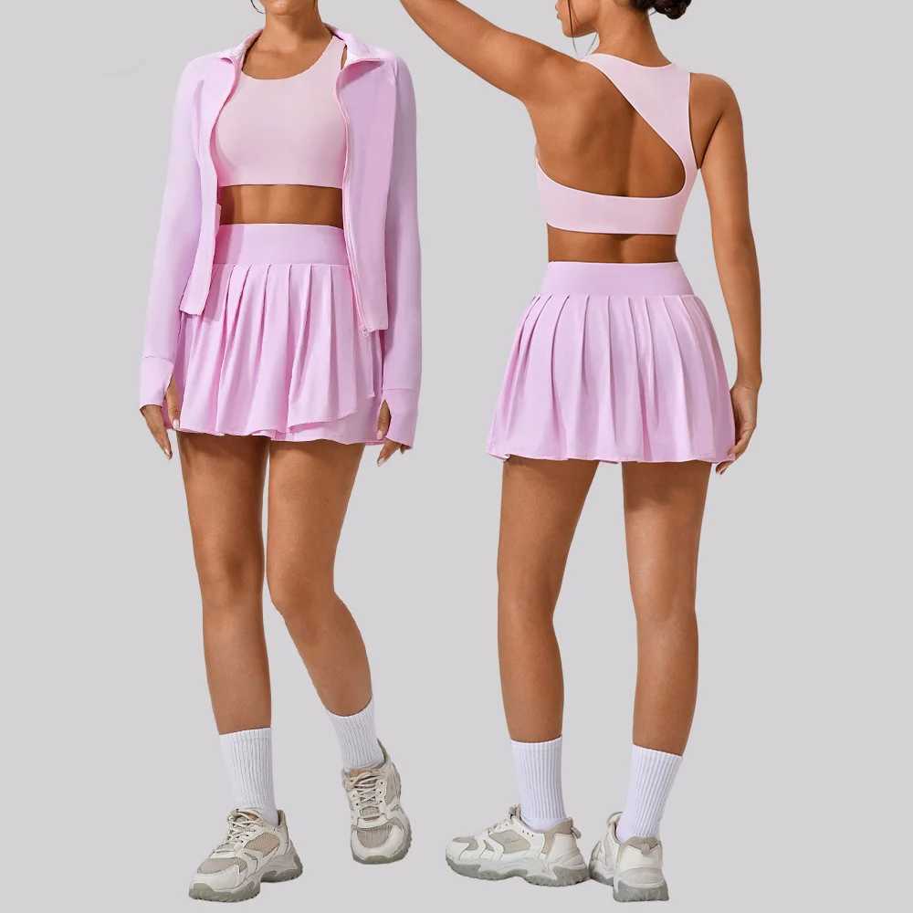 Yoga Set 2 Pcs Women Outdoor Sports Running Gym Set Tennis Suit Slim Elastic Golf Fitness Skirt Sunscreen Long sleeved Clothes J251112