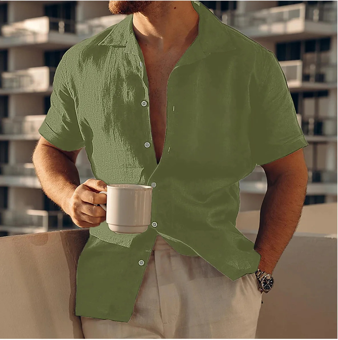 Mens Summer Beach Shirt Short Sleeve Linen Button Solid Color Casual Single-breasted Shirt Plain Color Lapel Casual 250411