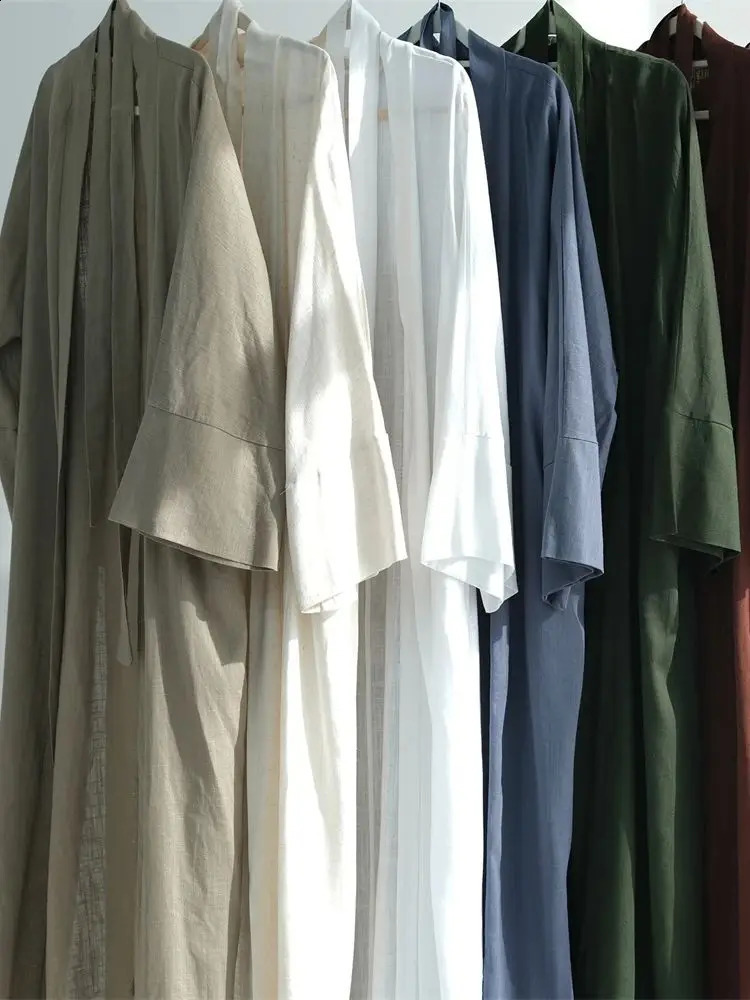 Eid al Fitr Summer Cotton Linen Kimono Coat Dubai Open Abaya Muslim Womens Set Retro Kaftan Humble Dress Islamic Clothing Ka 250411