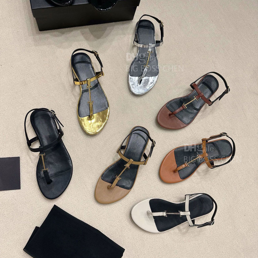 Top Leather metal letter fashion simple buckle strap flip-flops Sandal women flat shoes slides Luxury designer sandals Factory footwear