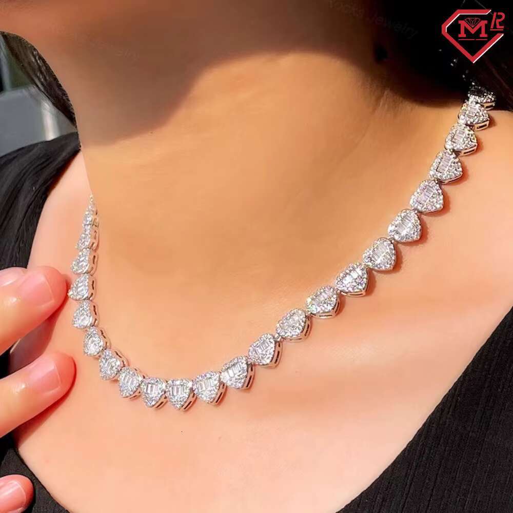 Full Iced Out Tennis Chain VVS Baguette Cluster Heart Shape Hiphop 925 Silver Moissanite Tennis Chain