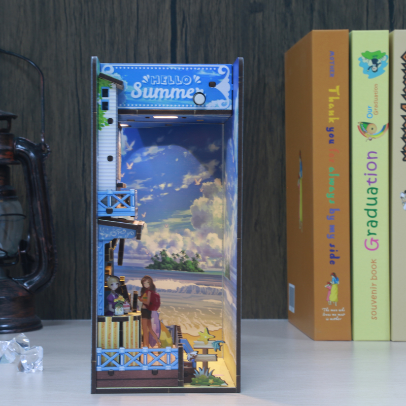 Seaside Street DIY Assembled Bookend, Exquisite Coastal-Themed Wooden Craft with LED Light Effect, Creative Bookshelf Insert Decor-L0321P