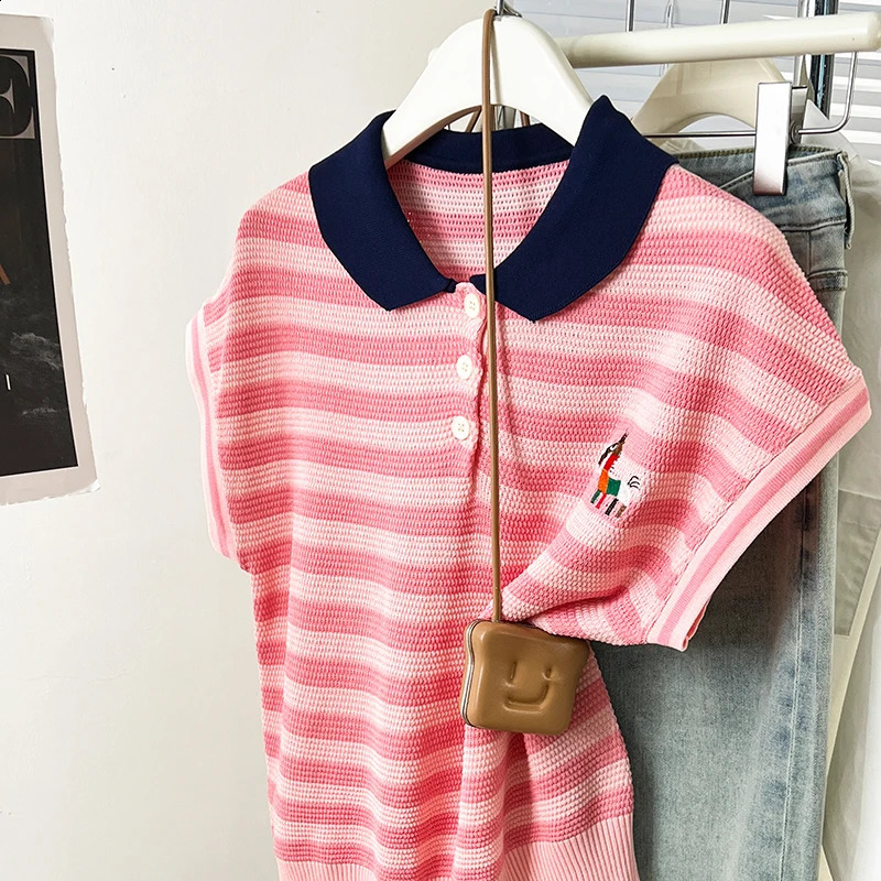 Summer womens spliced polo neck short sleeved knitted Tshirt fashionable contrasting color striped sweater loose top 250410