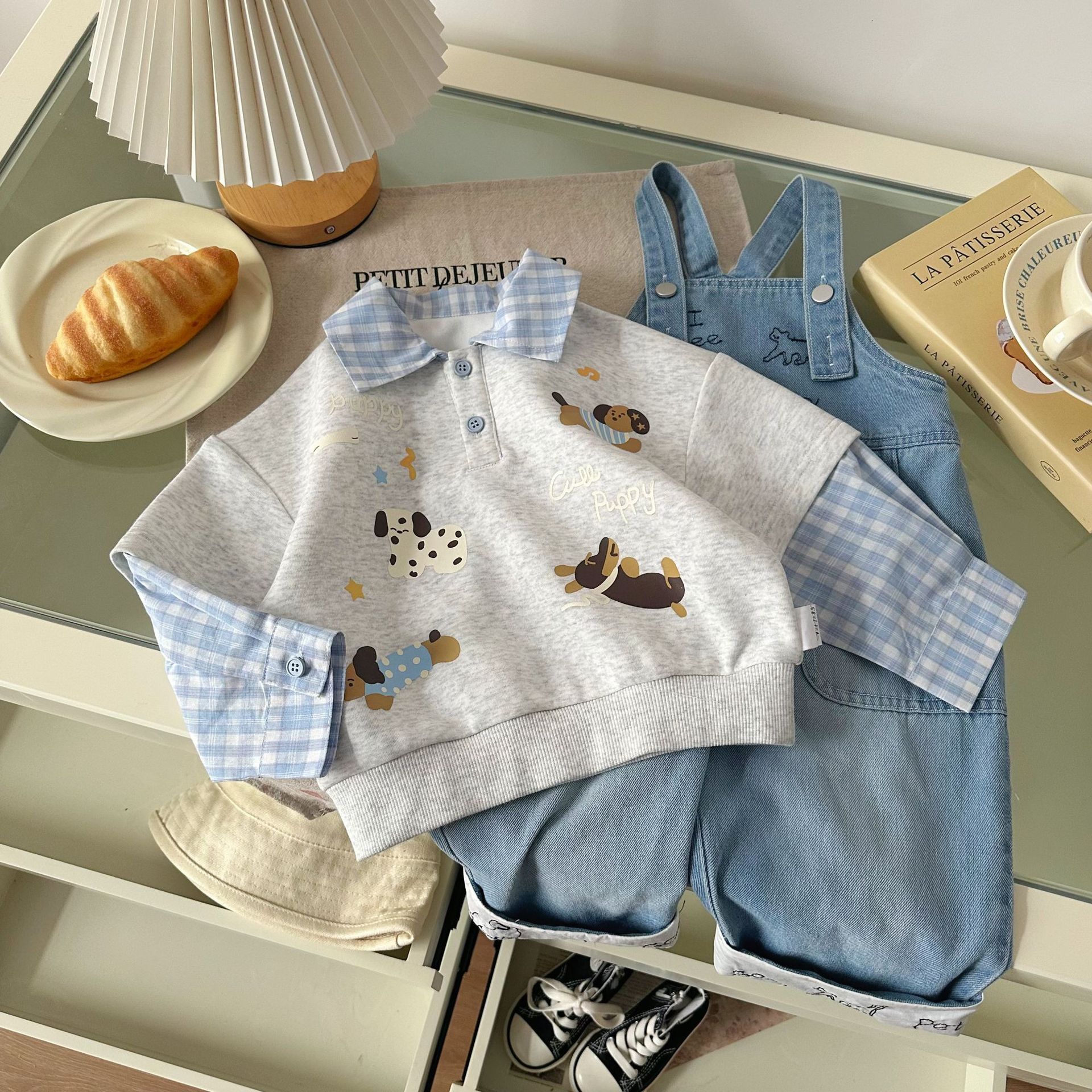 Ddmyshoesvip Boys Hoodies Spring POLO Collar Shirt Fake Two Small Dog Prints