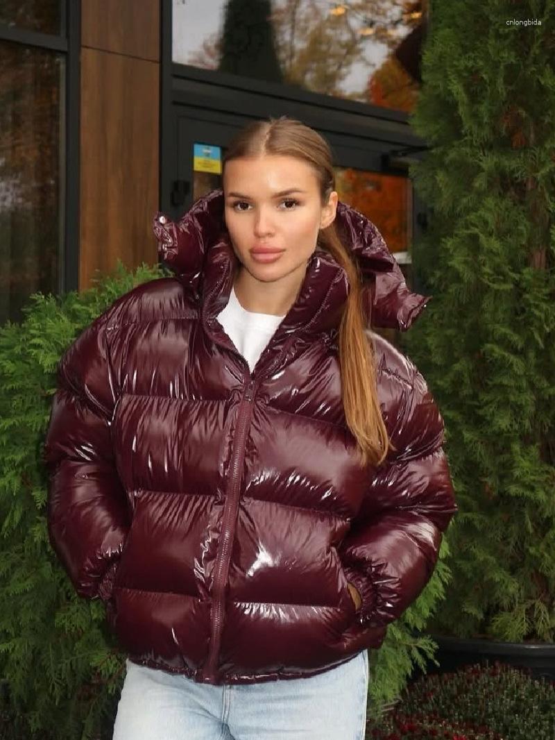 CNLONGBIDA Women's Down Solid Color Shiny Hooded Cotton-Padded Jacket Y2K Aesthetic Puffer Coat Windproof & Waterproof Down Jacket Short Length f