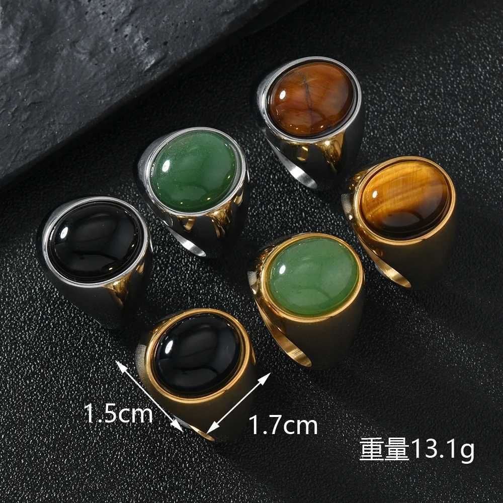 HNSP 316L stainless steel oval natural stone ring suitable for men women fingers vintage jewelry black green tiger eye stone ringsXJ250412