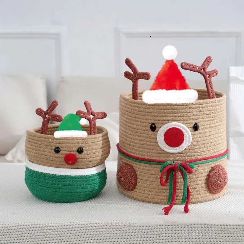 1pcs Christmas Reindeer Cotton Rope Woven Storage Basket Large Capacity He Clothing Storage Basket Christmas Decoration Y251112