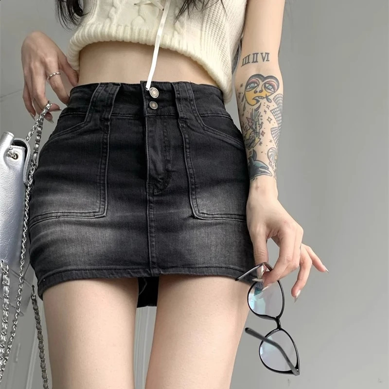 Women High Waist Gothic Streetwear Skirts Jeans s Vintage Denim Mini Dress Female Preppy Style Blue Black Straight Skirts 250407