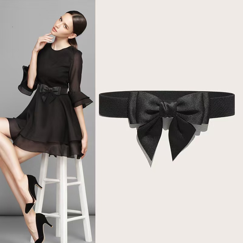 Elastic black bow wide waistband with simple and fashionable decoration dress