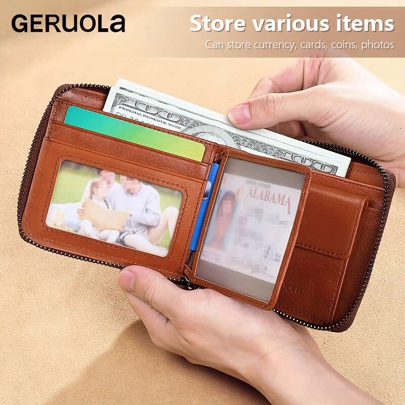 Men's New Genuine Leather Short Large Capacity Zipper 70% off Coin Purse Card Holder Integrated Ultra-thin Wallet R