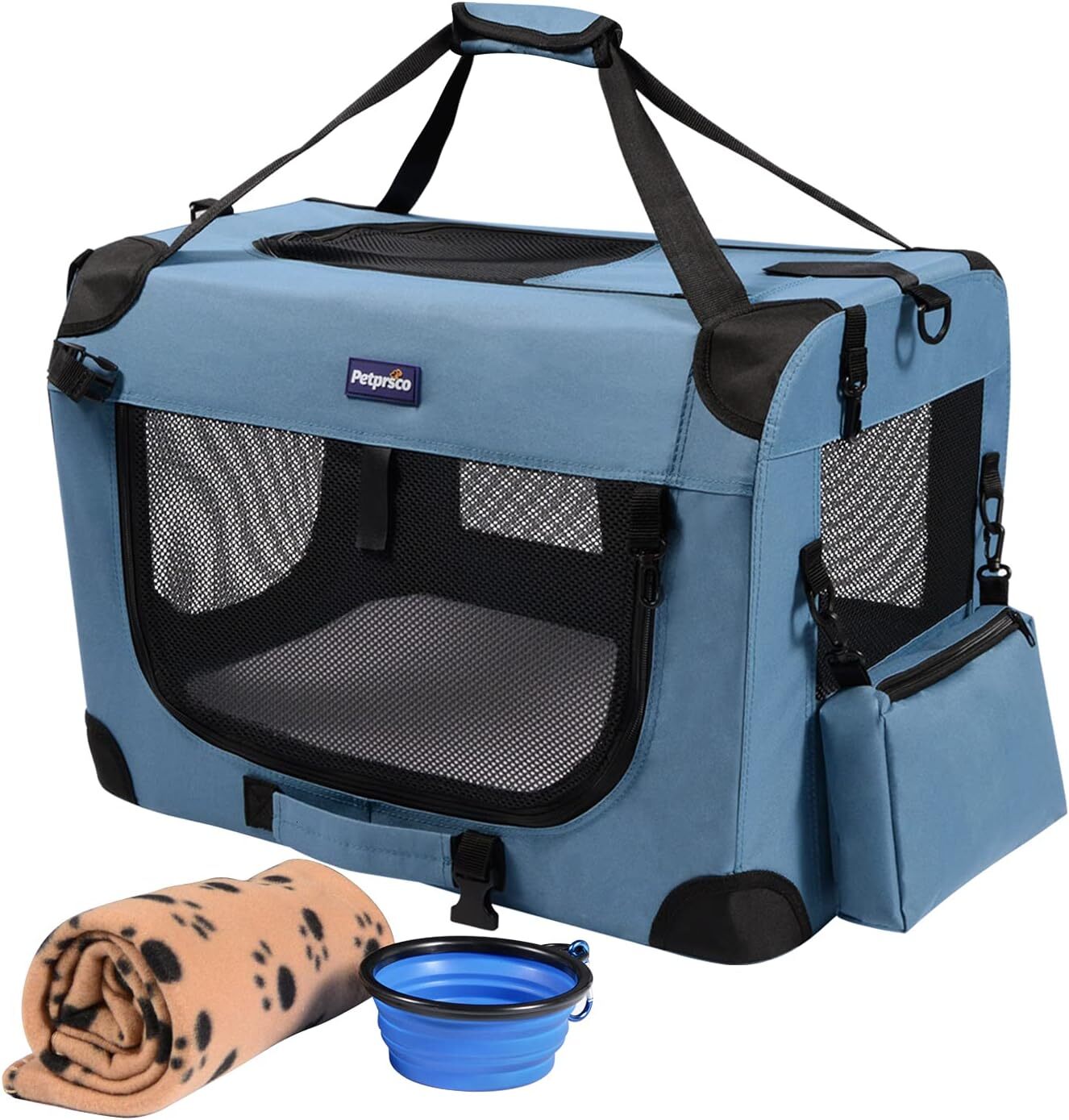 Petprsco portable foldable dog case, travel dog case 60.96 x 43.18 cm, with soft warm blanket and foldable bowl, suitable for large cats and small dog