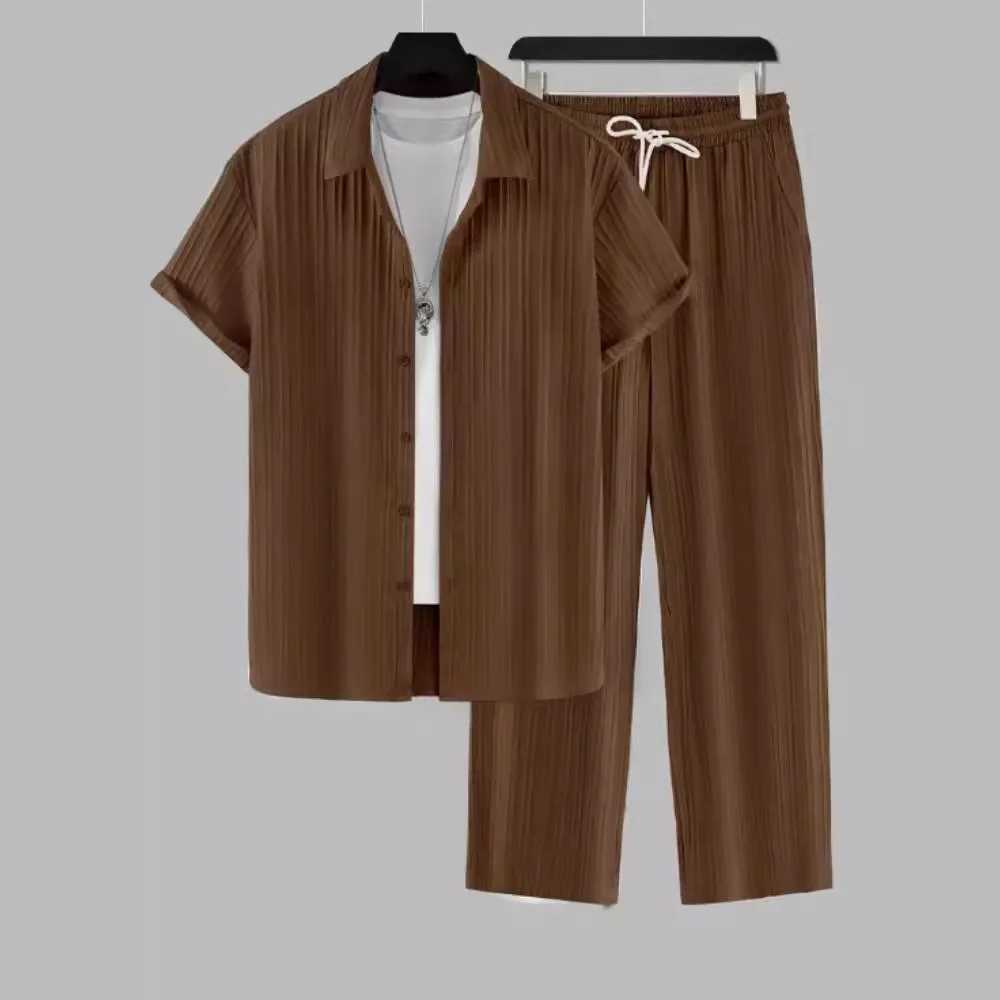 Fashionable new mens collar set mens short sleeved mens elastic pants mens casual summer wearXJ250412